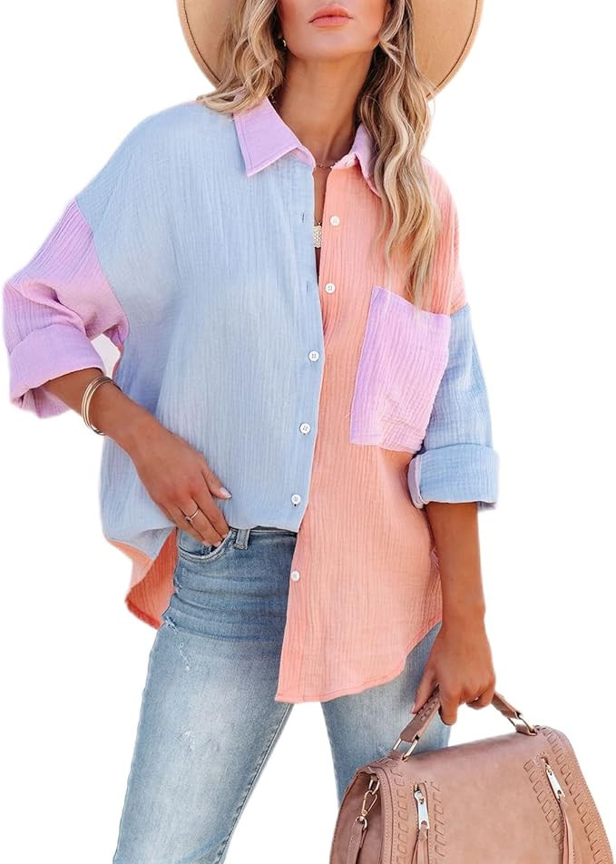 Women Cotton Color Block Button Down Long Sleeve Oversized Casual Pocketed Boyfriend Blouse Tops | Amazon (US)