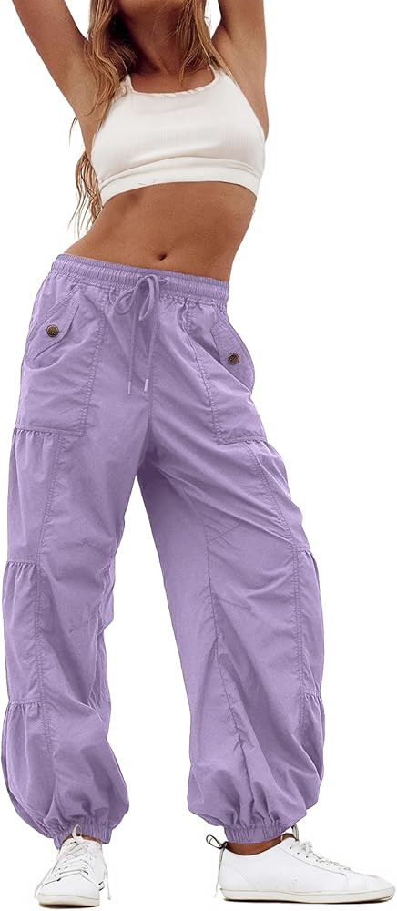 Bankeng Parachute Pants for Women Cargo Pants with Pockets Elastic Waist Drawstring Baggy Hiking ... | Amazon (US)