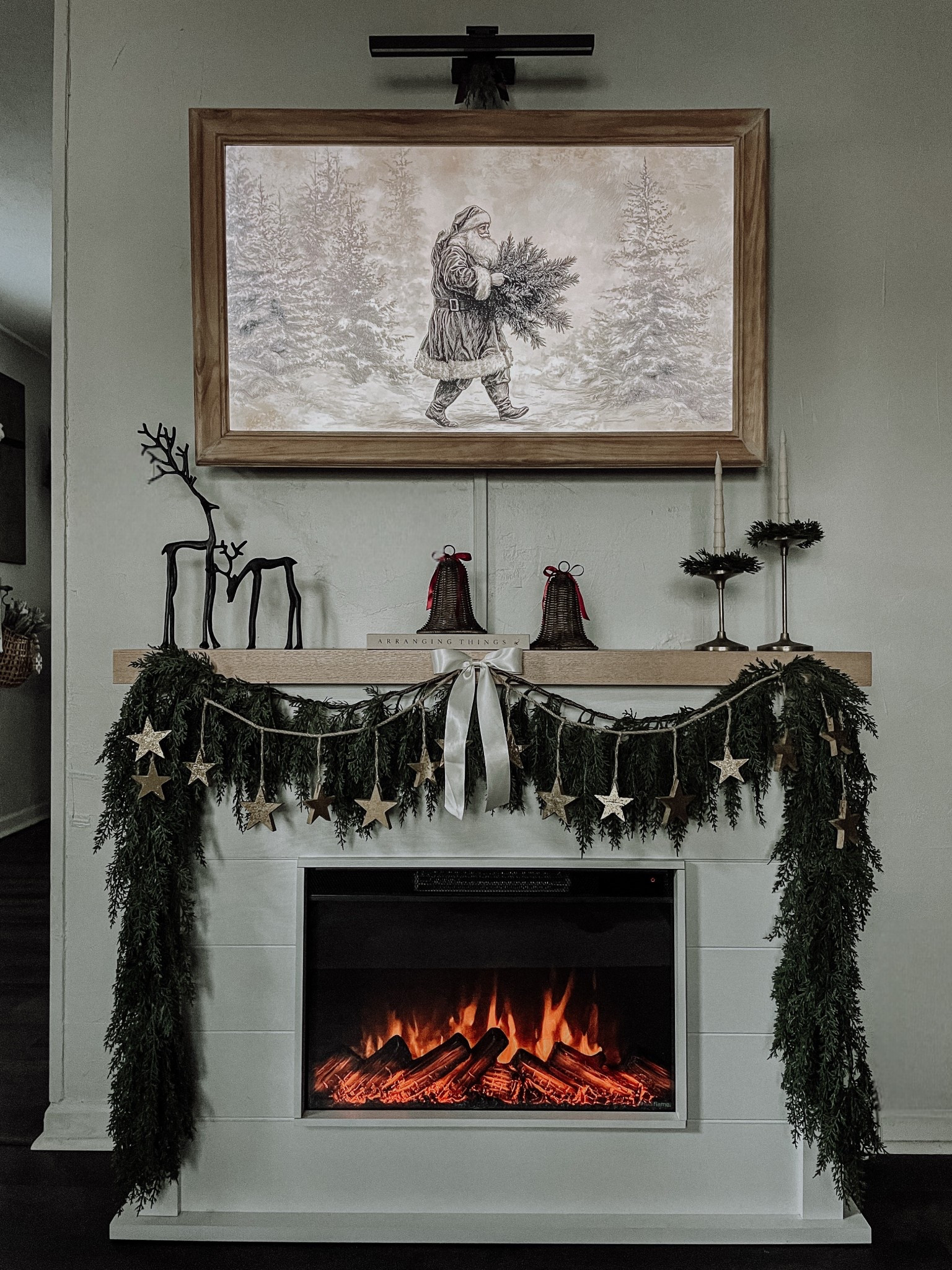 December is here✨♥️🌲 

My 2025 Christmas Mantel🪵🔥🦌🔔
