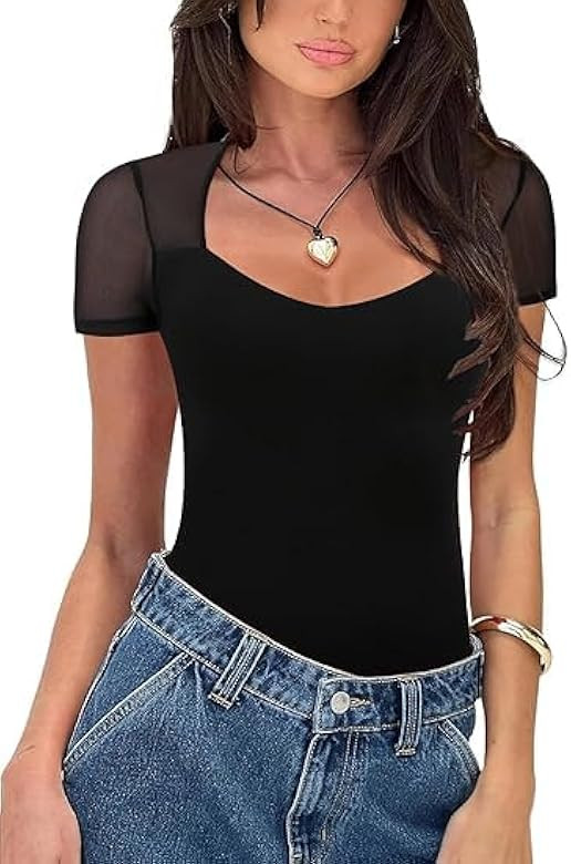 Women's Sexy Sweetheart Neck Bodysuit Shirts Short Sleeve Sheer Mesh Slimming Trendy Going Out Bo... | Amazon (US)