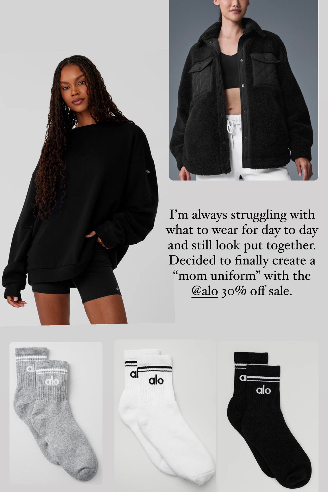 Alo 30% off sale! Mom uniform essentials. Black long crewneck perfect with leggings. Sherpa zip jacket- reviews say it’s as warm as their Chicago winter jacket! Cute matching socks to appear put together. I also got a black beanie for colder days. Can’t go wrong! 

#LTKSaleAlert #LTKFindsUnder100 #LTKActive