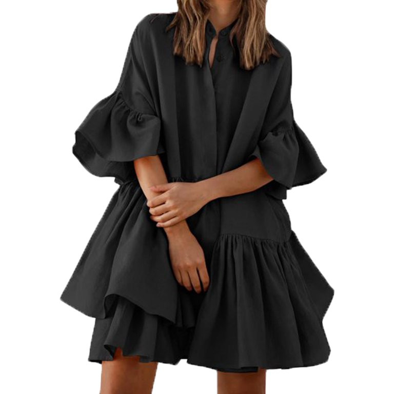 Niuer Summer Ruffle Sleeve Tiered Babydoll Dress for Women Flowy Swing Mini Dress Boho Flowy Plea... | Walmart (US)