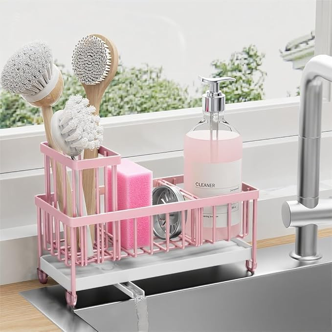 Cisily Pink Sponge Holder for Kitchen Sink, Sink Caddy Organizer with High Brush Holder, Countert... | Amazon (US)