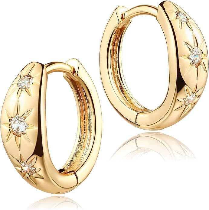 Mevecco 18K Gold Plated Huggie Earrings with Shining Cubic Zriconia Geometry Beads Star Hoop Earr... | Amazon (US)