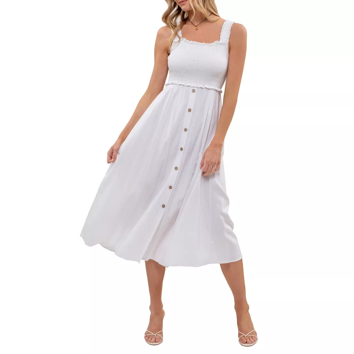 August Sky Women's Sleeveless Smocked Bodice Faux Button Down Skirt Midi Dress | Target
