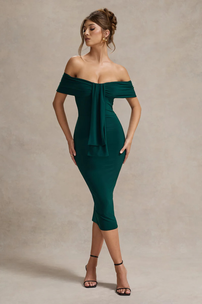 Selbie | Bottle Green Bardot Midi Dress With Drape | Club L London
