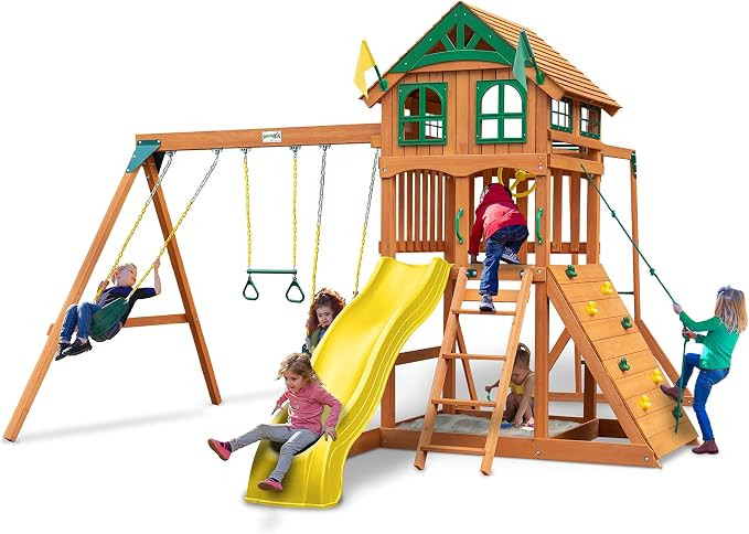 Gorilla Playsets 01-1069-Y Outing Wood Swing Set with Wood Roof and Monkey Bars - Yellow Slide, A... | Amazon (US)