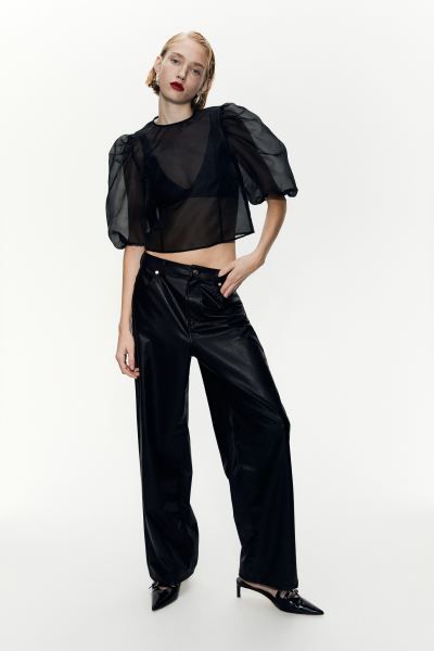 Puff-sleeved Organza Top - Black - Ladies | H&M US | H&M (US + CA)