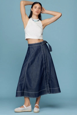 Pilcro Side-Slit Denim A-Line Midi Skirt | Anthropologie (US)