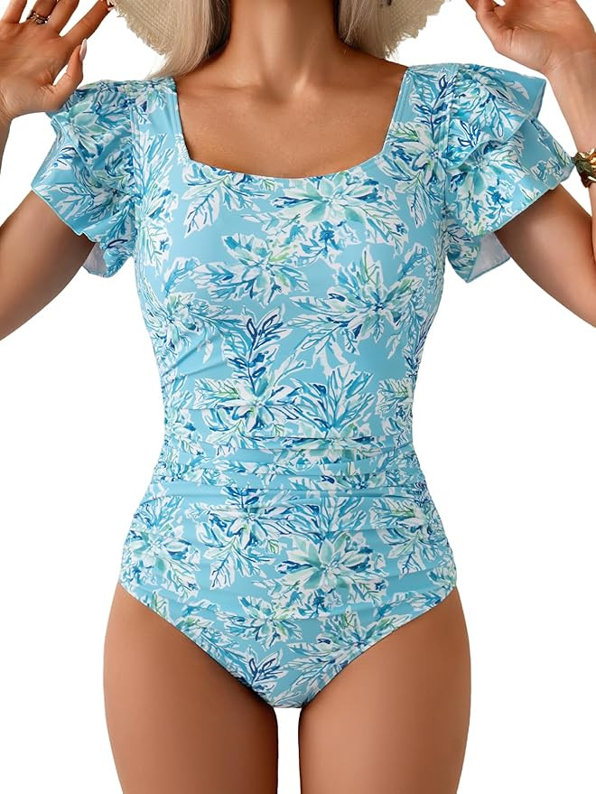 Eomenie Women's Tummy Control One Piece Swimsuit Ruffle Square Neck Bathing Suit Ruched Cutout Ba... | Amazon (US)