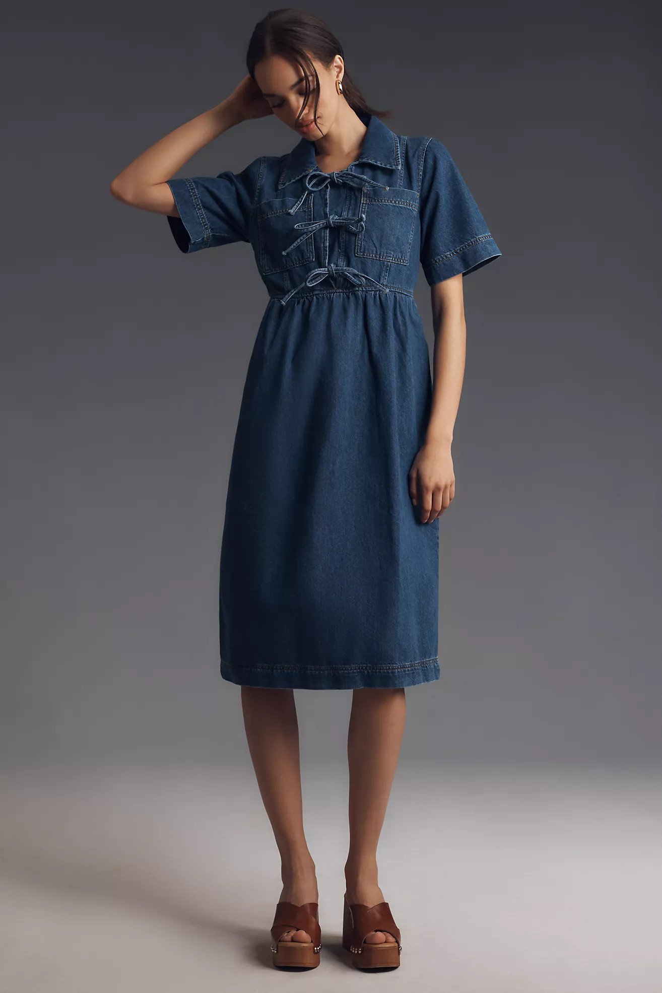 ALIGNE Effy Short-Sleeve Tie-Front Denim Midi Dress | Anthropologie (US)