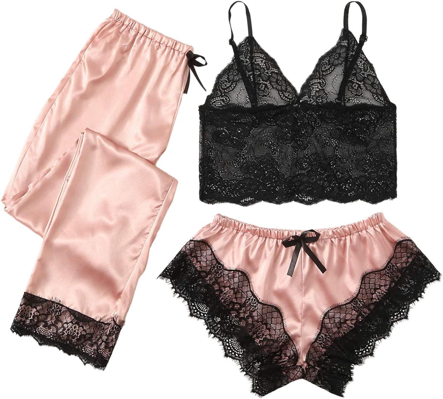 WDIRARA Women's Sexy 3 Pieces Pajama Set Lace Bralette with Satin Short and Pant | Amazon (US)