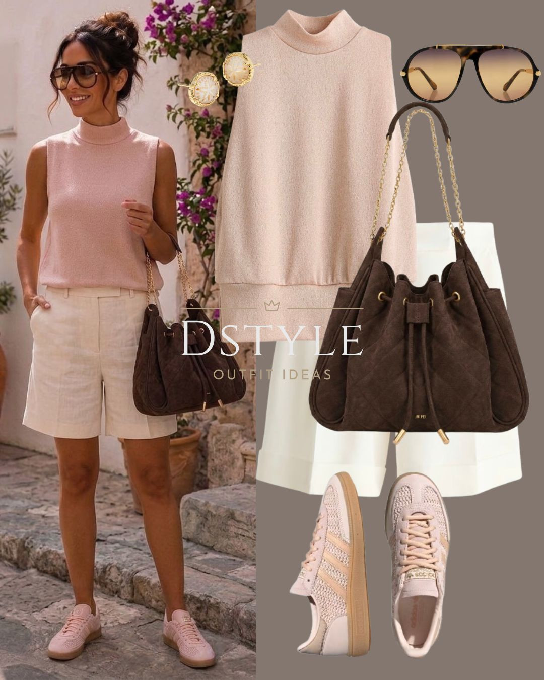 Pastel perfection 💕 Building this monochromatic look around these gorgeous pastel pink Adidas sneakers. Pairing them with a sleeveless mock neck knit and tailored linen shorts, then grounding the soft tones with a rich chocolate brown suede bag.

#LTKootd #LTKTravel