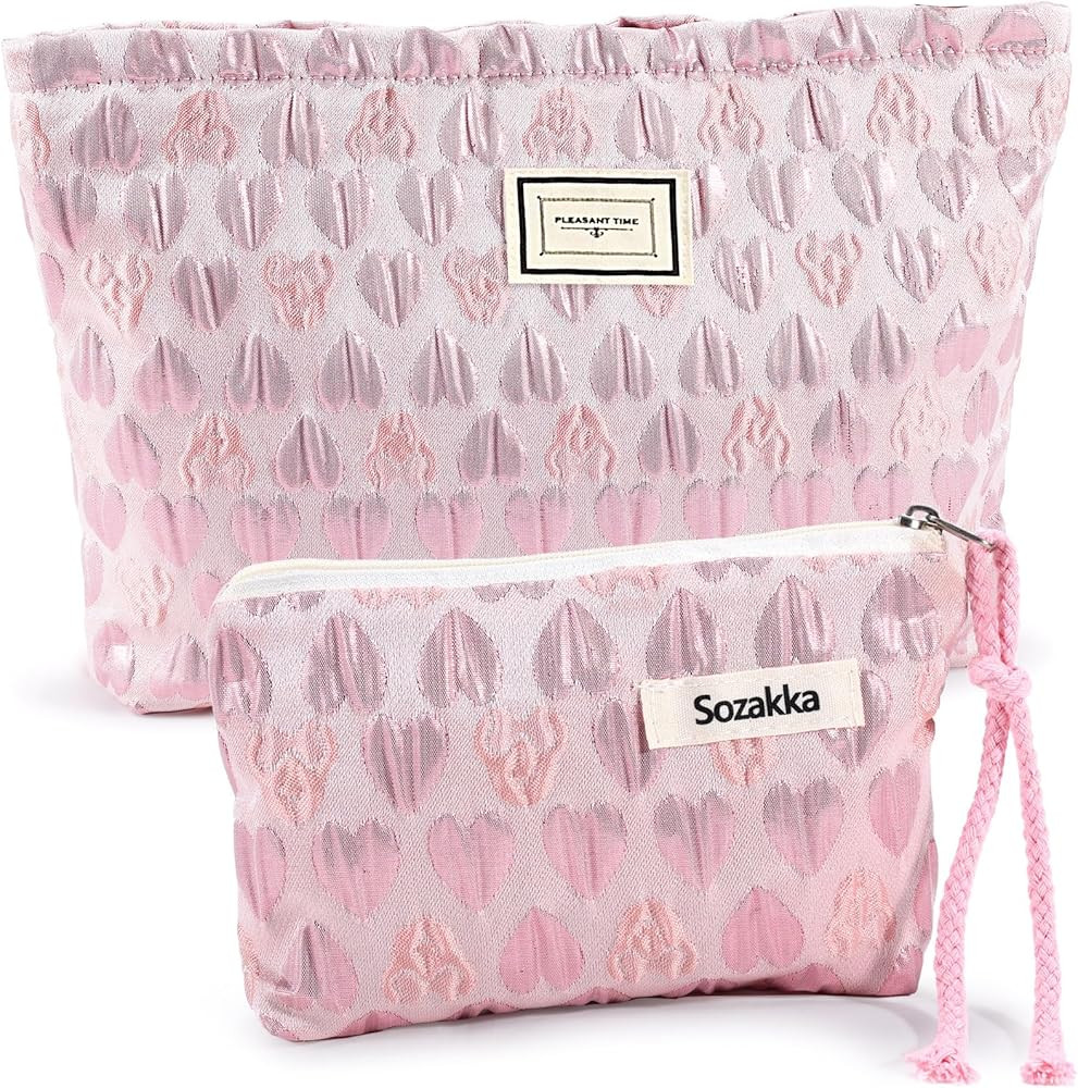 ZLFSRQ 2Pcs Pink Heart Makeup Bag Travel Cute Cosmetic Bag Set for Women Large and Small Zipper M... | Amazon (US)