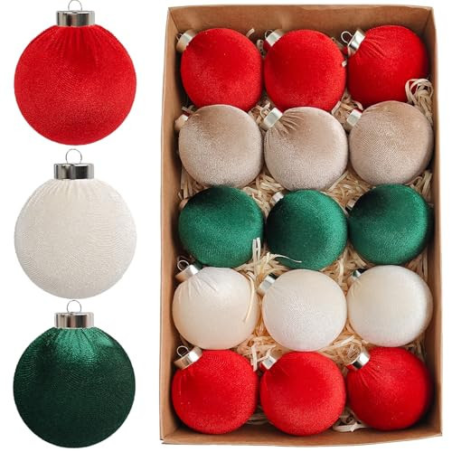 JEFUZH 15pcs Velvet Ornaments for Christmas Tree, 3.15 inch Velvet Christmas Balls, Flocked Ornaments for Xmas Tree Decorations - Multicolor Red Green Brown Beige | Amazon (US)
