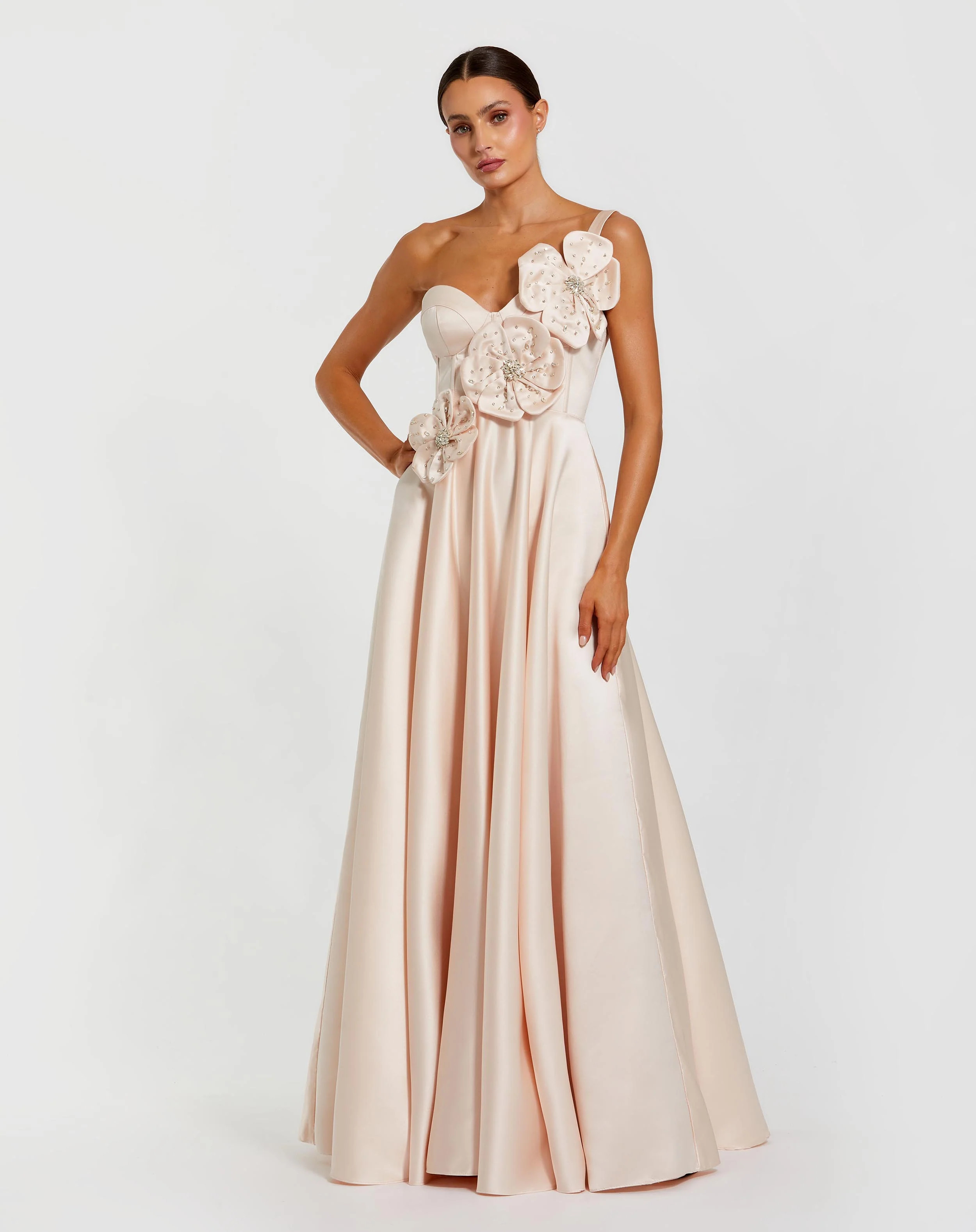 Light Pink Satin Bustier Ball Gown With 3D Flowers | Mac Duggal | Mac Duggal