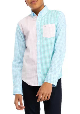 Crown & Ivy Boys 8-20 Woven Poplin Color Blocked Button Down Shirt, Pink, Large | Belk