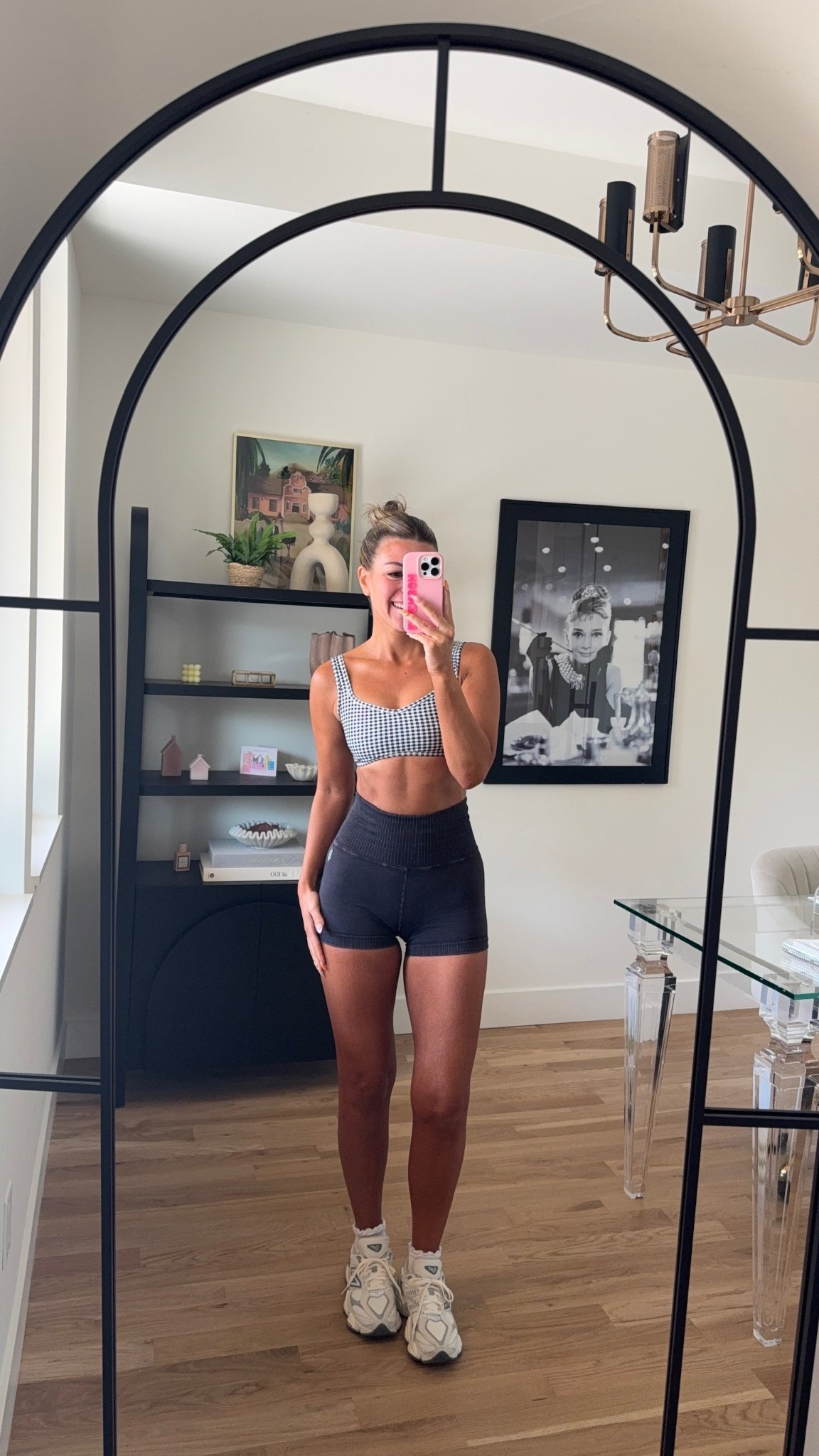 Black and white houndstooth sports bra and navy workout shorts with sneakers 

Abercrombie code: DENIMAF
factor code: 50emerson 

Sized down to xs in top small in bottoms 

Activewear
Sports bra
Running shorts
Workout look
Gym outfit
Fitness 
Running shoes 
Gym shoes 

#LTKSaleAlert #LTKActive #LTKStyleTip