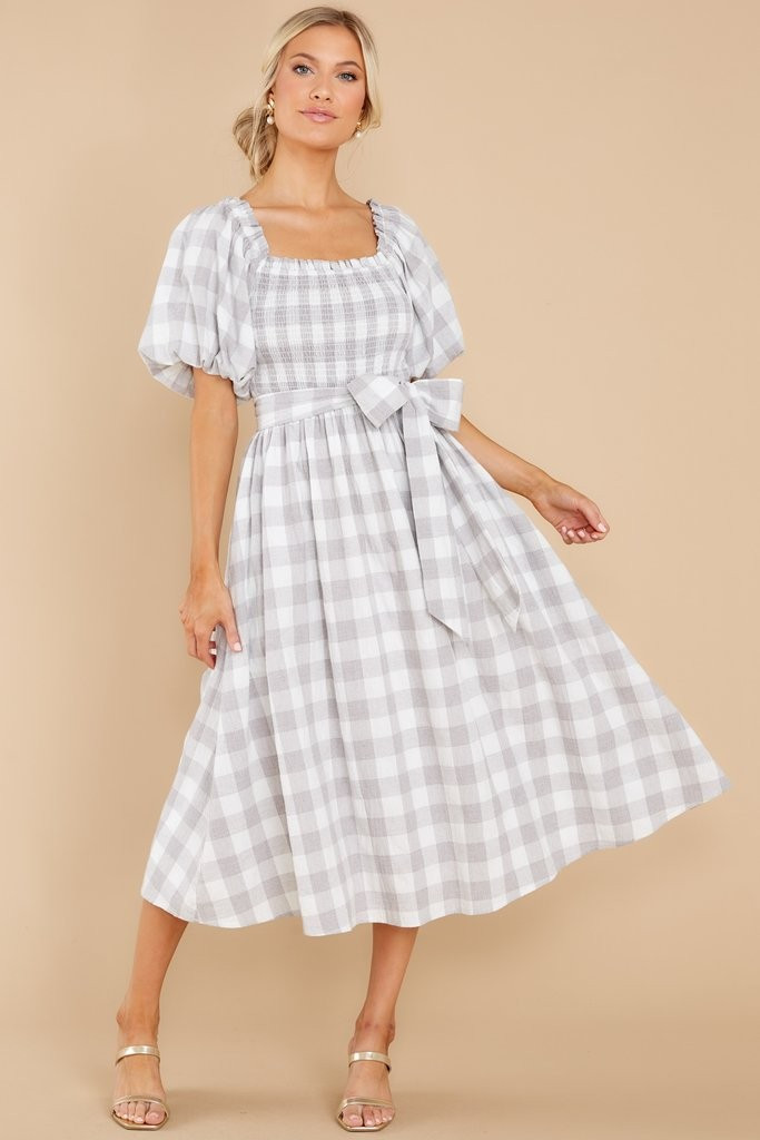 Graceful Song Grey Gingham Midi Dress | Red Dress 