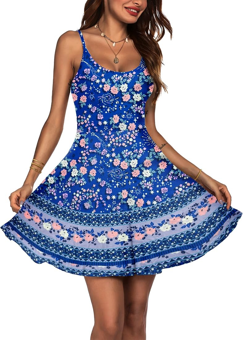 ACEVOG Women's 2023 Summer Dress Adjustable Spaghetti Strap Boho Floral Fit & Flare Beach Sundres... | Amazon (US)