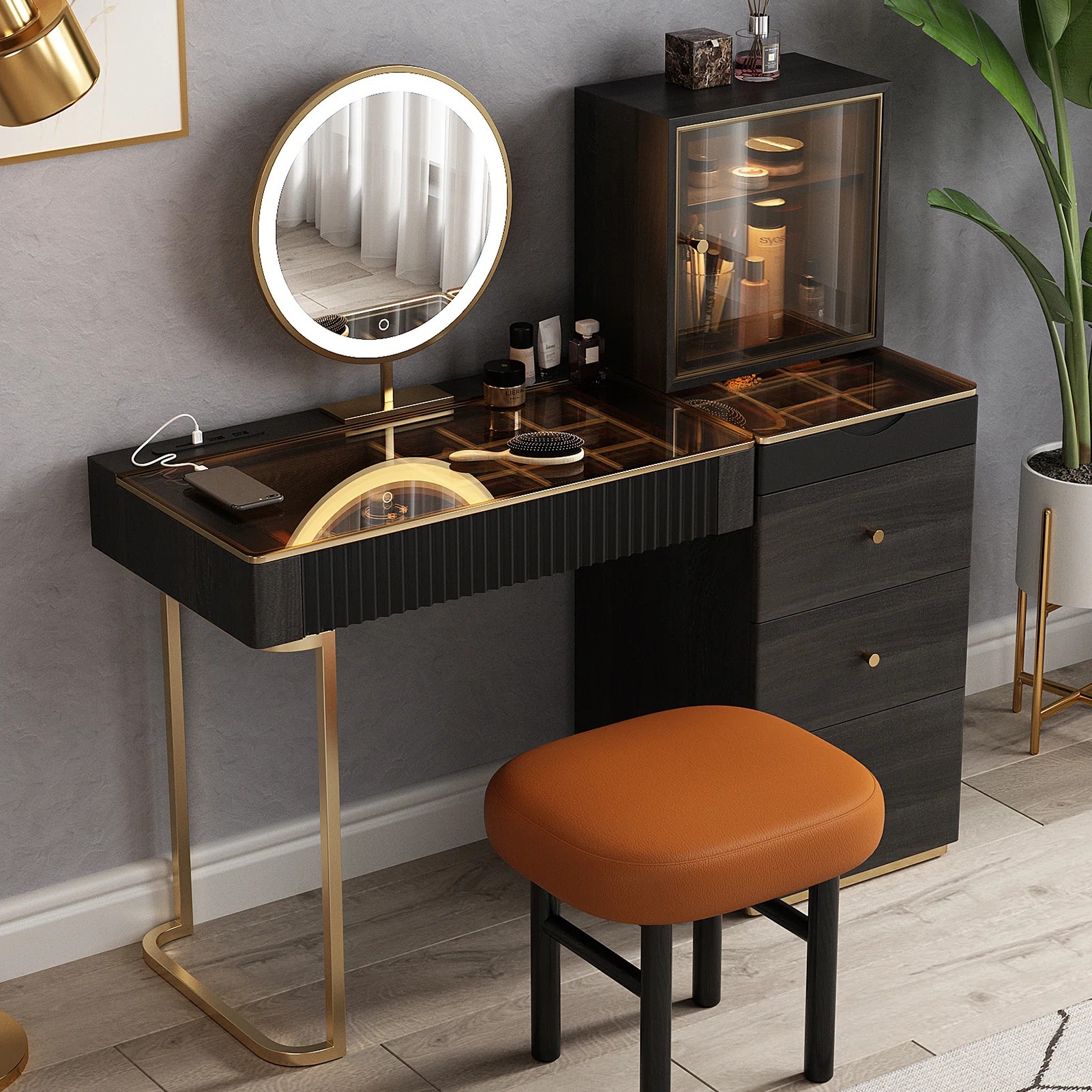 Makeup Vanity set,Power Outlet, Glass Top,5-drawer | Wayfair North America