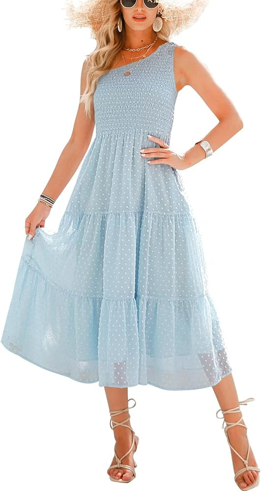 ANRABESS Women's Summer One Shoulder Sundress Sleeveless Swiss Dot Smocked Flowy Tiered Beach Long D | Amazon (US)