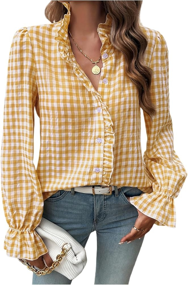 Womens Plaid Ruffle V Neck Button Down Blouse Casual Long Sleeve Fall Vintage Tops Business Work ... | Amazon (US)