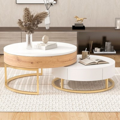 Modern Round Nesting Coffee Table, Lift-top Cocktail Table with 2 Drawers, Natural Wood + Antique White-ModernLuxe | Target