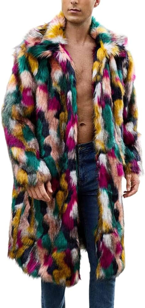 XYGJZ Mens Winter Faux Fur Long Coat Warm Colorful Trench Coat | Amazon (US)