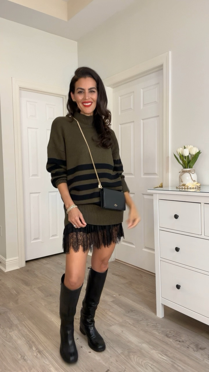 Sizing and outfit details 🖤🍂👇🏼sweater has 50% off coupon today. At checkout .
Sweaters in size M. I should have gotten a S.
Slip skirt size M. Available in other colors. 
Suede boots are size 9.5 and tts.
Lipstick is Ruby woo.
Adding similar black boots. These are old Miumiu.
I’m 5’7”| 126 pounds usually S-SX


#LTKSeasonal #LTKFallSale #LTKSaleAlert