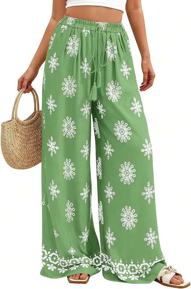 PRETTYGARDEN Women's Wide Leg Palazzo Pants 2026 Summer Boho Floral Trousers Spring Flowy Beach V... | Amazon (US)