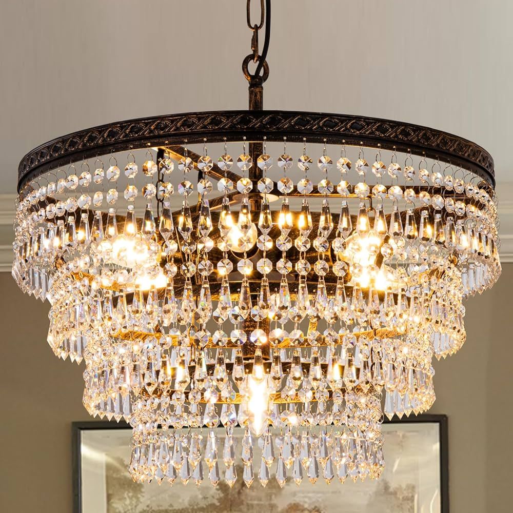 Wellmet Crystal Chandelier for Dining Rooms, 6-Light Antique Bronze Crystal Light Fixtures Ceilin... | Amazon (US)