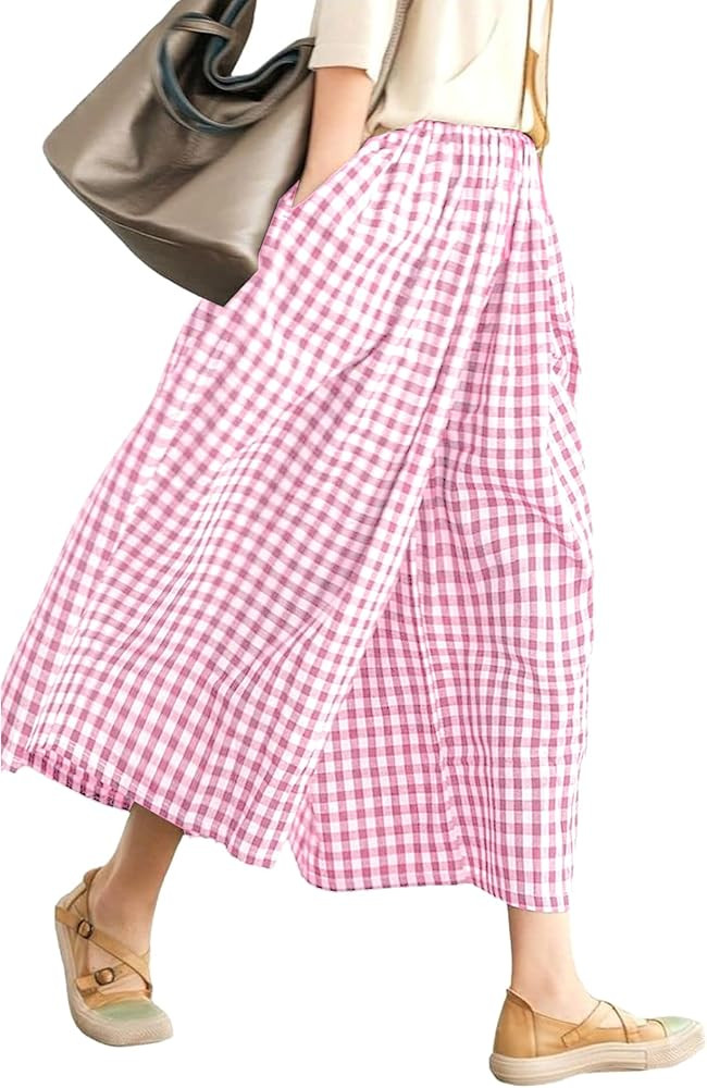 LOMON Womens Wide Leg Capri Pants Cotton Gingham Plaid Culottes Summer Elastic Waist Palazzo Trou... | Amazon (US)
