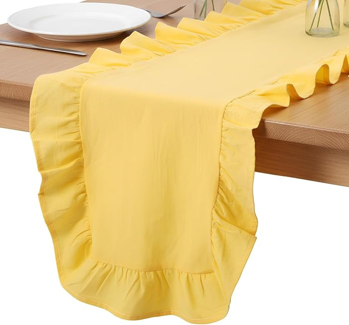 Oudain Yellow Ruffle Table Runner Cotton Fabric 118 x 13.8'' Farmhouse Rustic Ruffled Edge Table ... | Amazon (US)