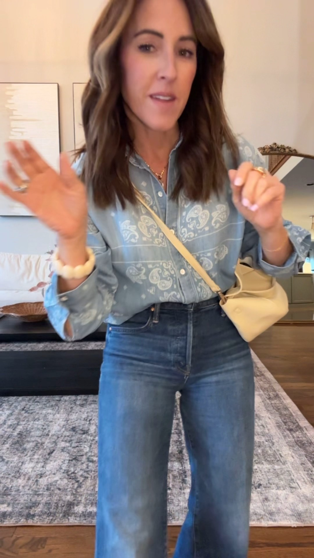 Styling this bandana print chambray shirt. Casual but elevated. 
Add a metallic heel. Tuck in the shirt. 
Small shirt 

#LTKSeasonal #LTKootd