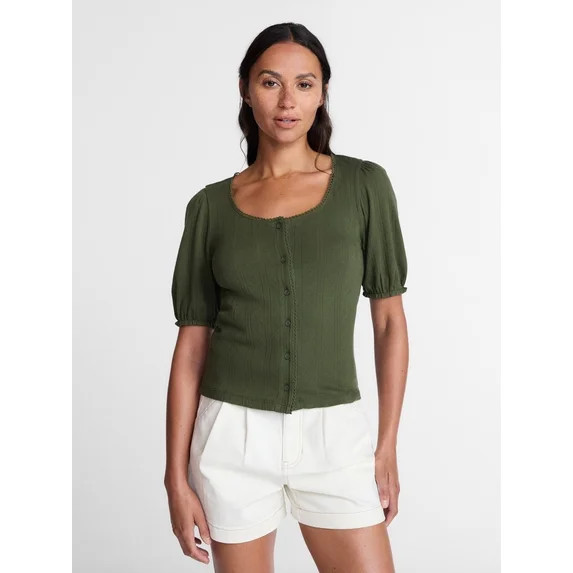 Time and Tru Women's Pointelle Top with Short Sleeves, Sizes XS-XXXL | Walmart (US)