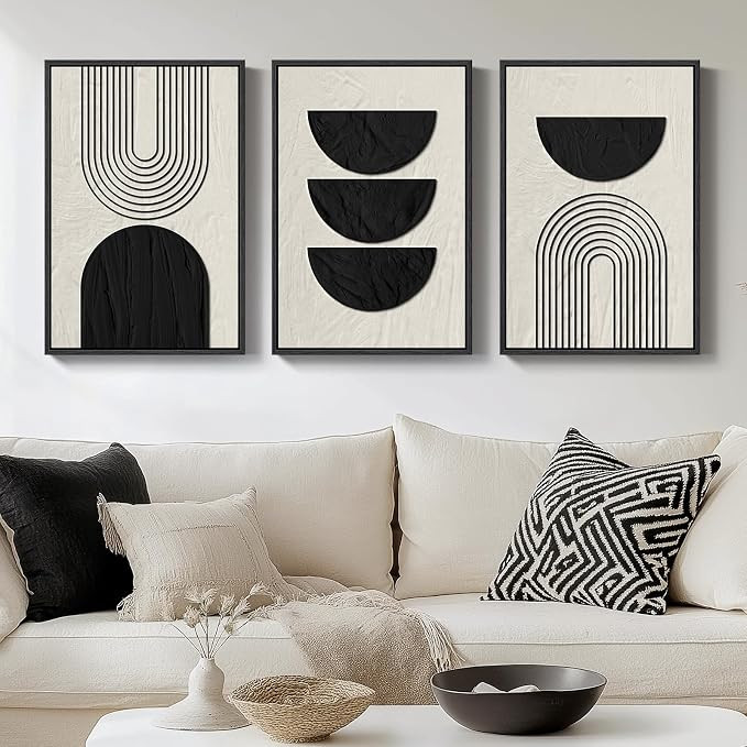 Framed Boho Black and White Abstract Wall Art, 3 Piece Modern Beige Canvas Prints Paintings Artwo... | Amazon (US)