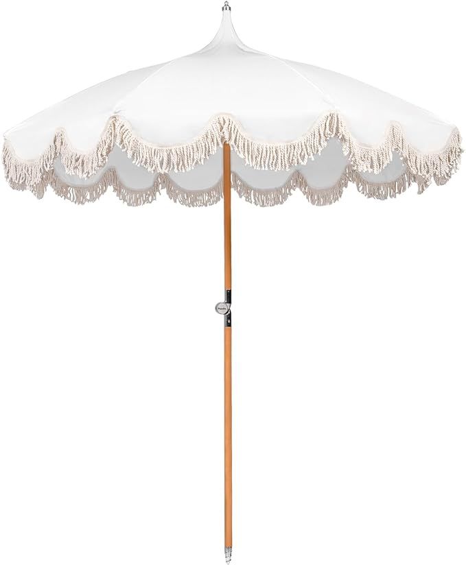6.5ft Pagoda Beach Umbrella with Fringe, UPF 50+ Boho Umbrellas with Carry Bag, Premium Wood Pole... | Amazon (US)