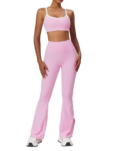 ABOCIW Workout Sets for Women 2 Piece Contrast Piping Sports Bra High Wasit Split hem Flared Leggings Gym Yoga Outfits Pink Small | Amazon (US)