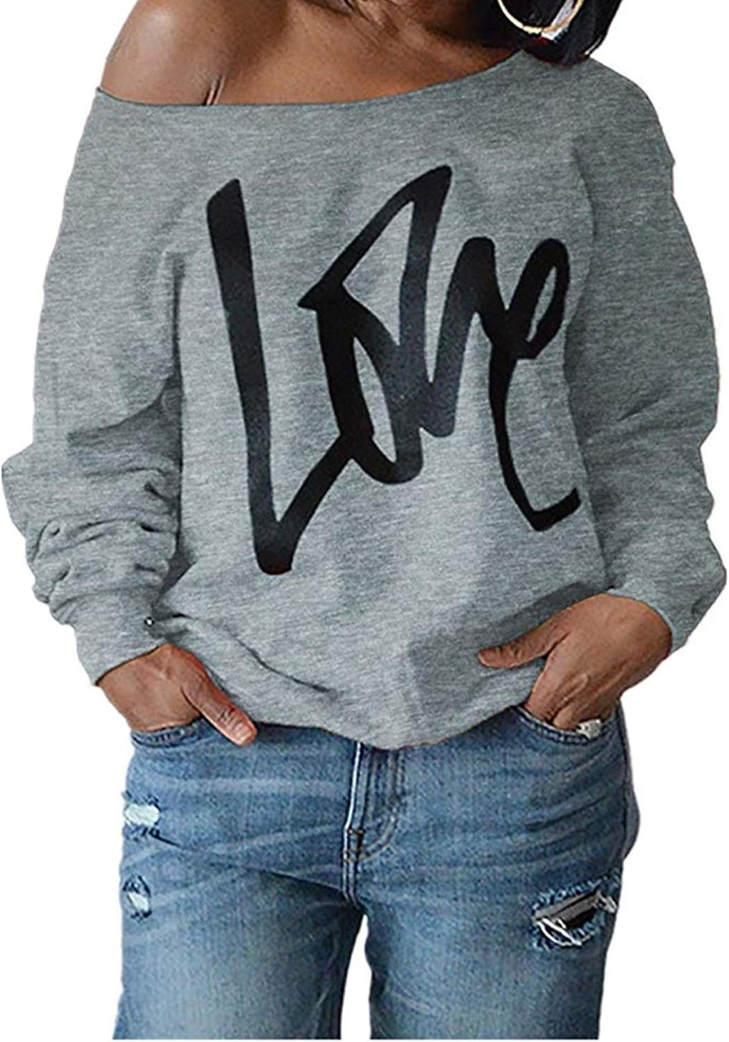 Taiduosheng Women's Off-Shoulder Blouses Sweatshirt Long Sleeve Print Love Tops | Amazon (US)
