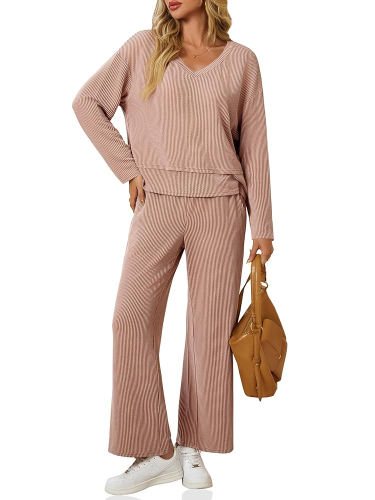 Tankaneo Womens 2 Piece Outfits Ribbed Pajama Sets V Neck Long Sleeve Loose Fit Tops Wide Leg Pan... | Amazon (US)