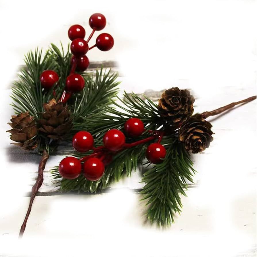 Pine Cone Red Berry Picks Stems Crafts Branch Christmas Wreath - 10Packs, Holly Artificial Evergr... | Amazon (US)