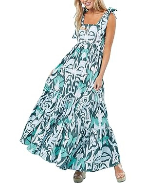 Women Boho Tie Shoulder Dress Y2k Floral Smocked Long Flowy Dresses Cute Summer Beach Spaghetti S... | Amazon (US)