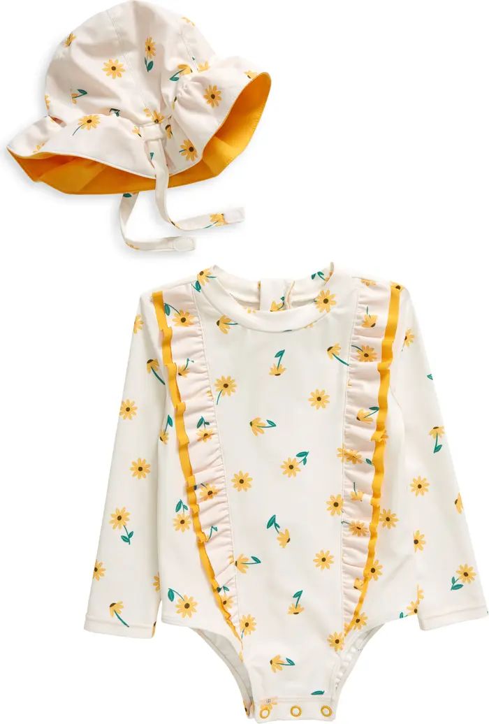 Floral Ruffle Long Sleeve One-Piece Rashguard Swimsuit & Sun Hat Set | Nordstrom
