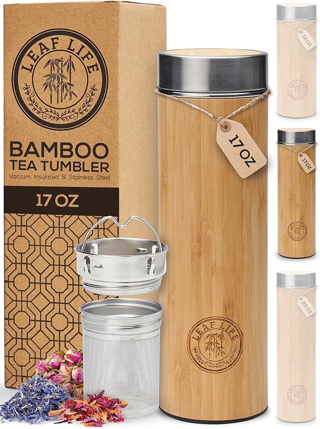 Premium Bamboo Thermos with Tea Infuser for Loose Tea 17oz - Tea Gift Set - Insulated Water Bottl... | Amazon (US)