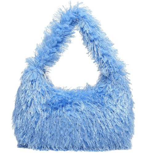 Faux Fur Fluffy Hobo Bag Furry Handbag Purse Y2K Fuzzy Tote Bag,Trendy Cute Plush Purse for Women (Blue) | Amazon (US)