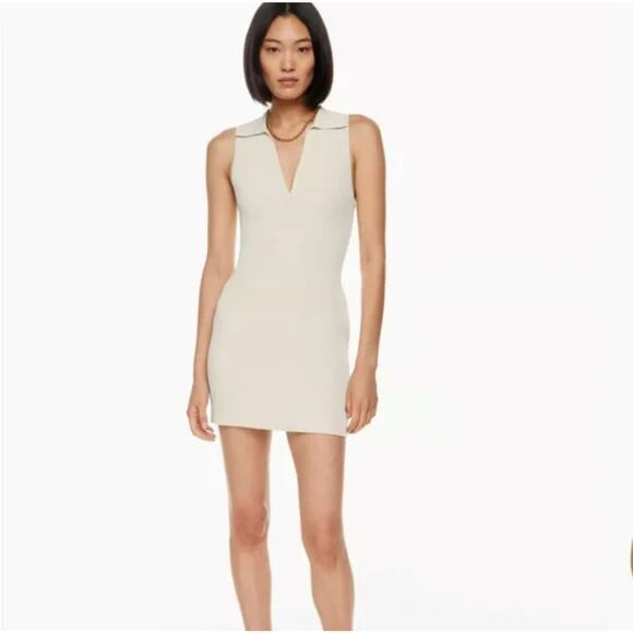 Babaton Aritzia Sculpt Knit Polo Ribbed Mini Dress in Beige Size Small | Poshmark