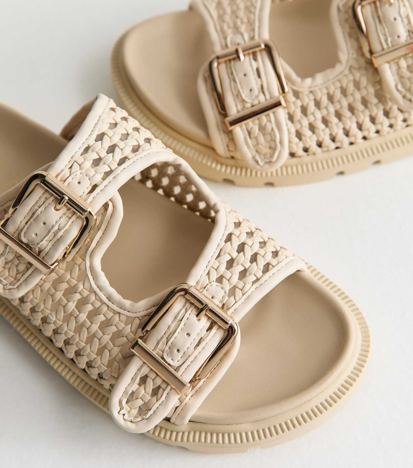 Off White Basket Weave Buckled Strap Sandals | New Look | New Look (UK)