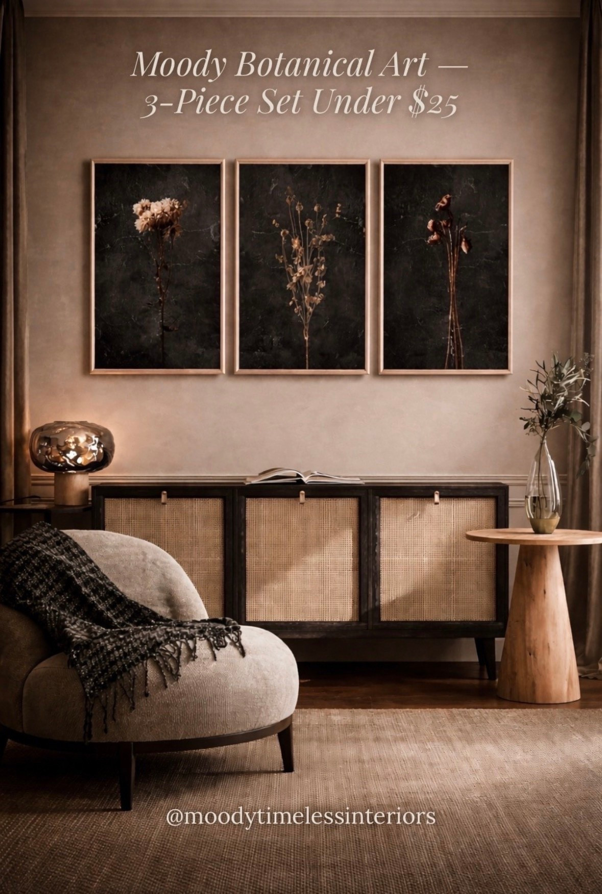 Three-piece moody botanical art set — $24.99 total. 🖤🌿
Dark dried flower prints on a rich textured background. They come unframed so you can add your own vintage or wood frames and make the look completely yours — which honestly makes them even better.
Under $25 for a set that looks like it belongs in a curated shop. Linked above.
#LTKfindsunder50 #LTKstyled

#LTKHome