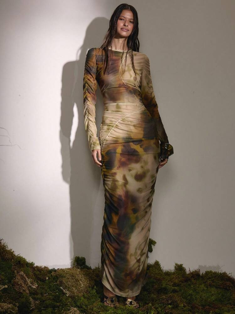 MUSERA Mesh Print Fitted Ruched Dress Fall Autumn Cute Country Western Night Out Birthday Occasio... | SHEIN